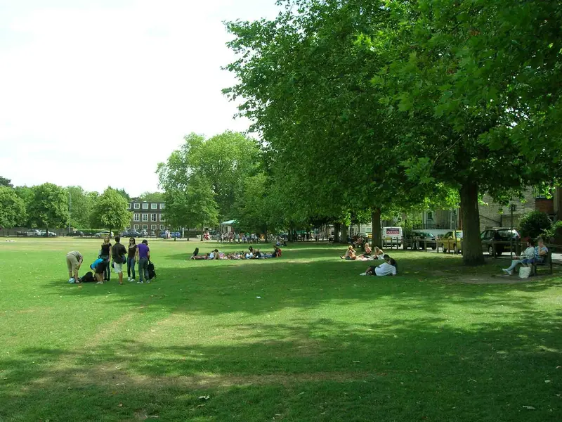 People relaxing on the sunny grass of Parker's Piece in Cambridge, beneath large trees