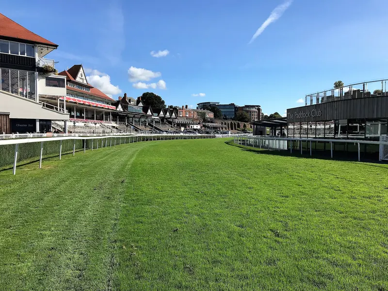 The green turf of Chester Racecourse with white rails and the grandstands under a blue sky