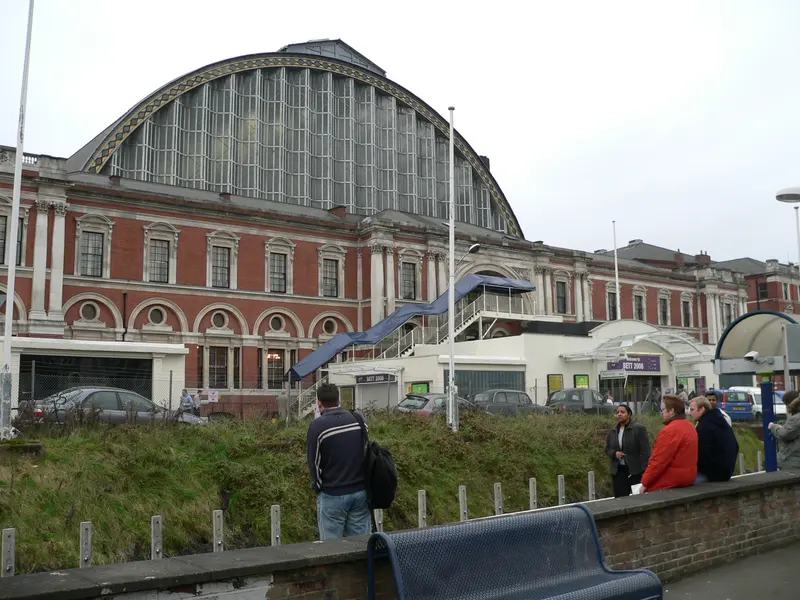 The arched glass roof and brick frontage of the Olympia exhibition centre in Kensington