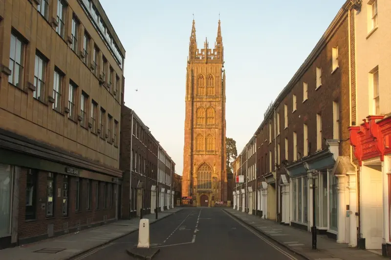 The Georgian terraces of Hammet Street in Taunton framing the tall decorated tower of St Mary Magdalene church