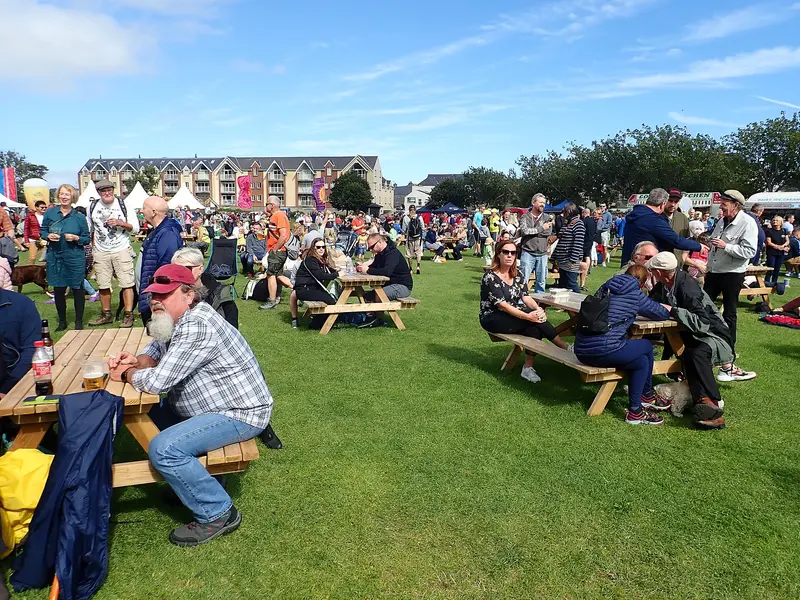 People eating at picnic tables on the grass of a park under a blue sky, with festival stalls and trees behind