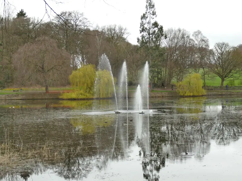 A fountain playing on a tree-fringed lake in Roundhay Park