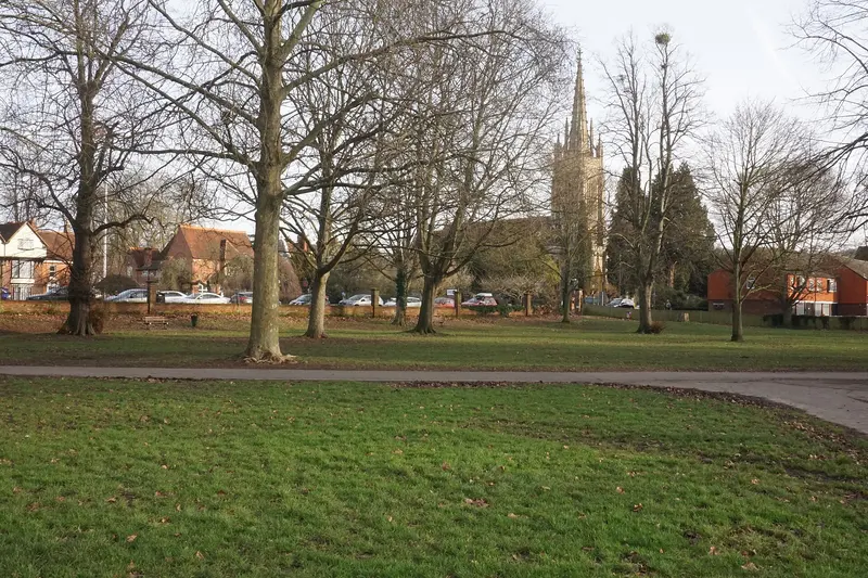 Mature trees on the open lawns of Higginson Park in Marlow, with a church spire beyond